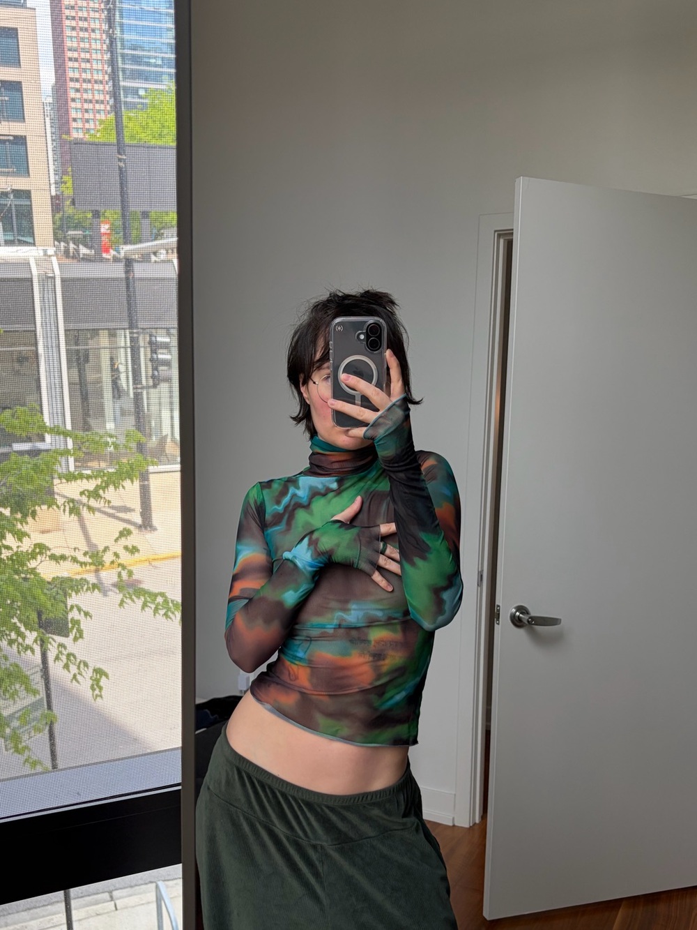 AFRM Sheer Abstract Wave-Print Long Sleeve Top - Green Multi